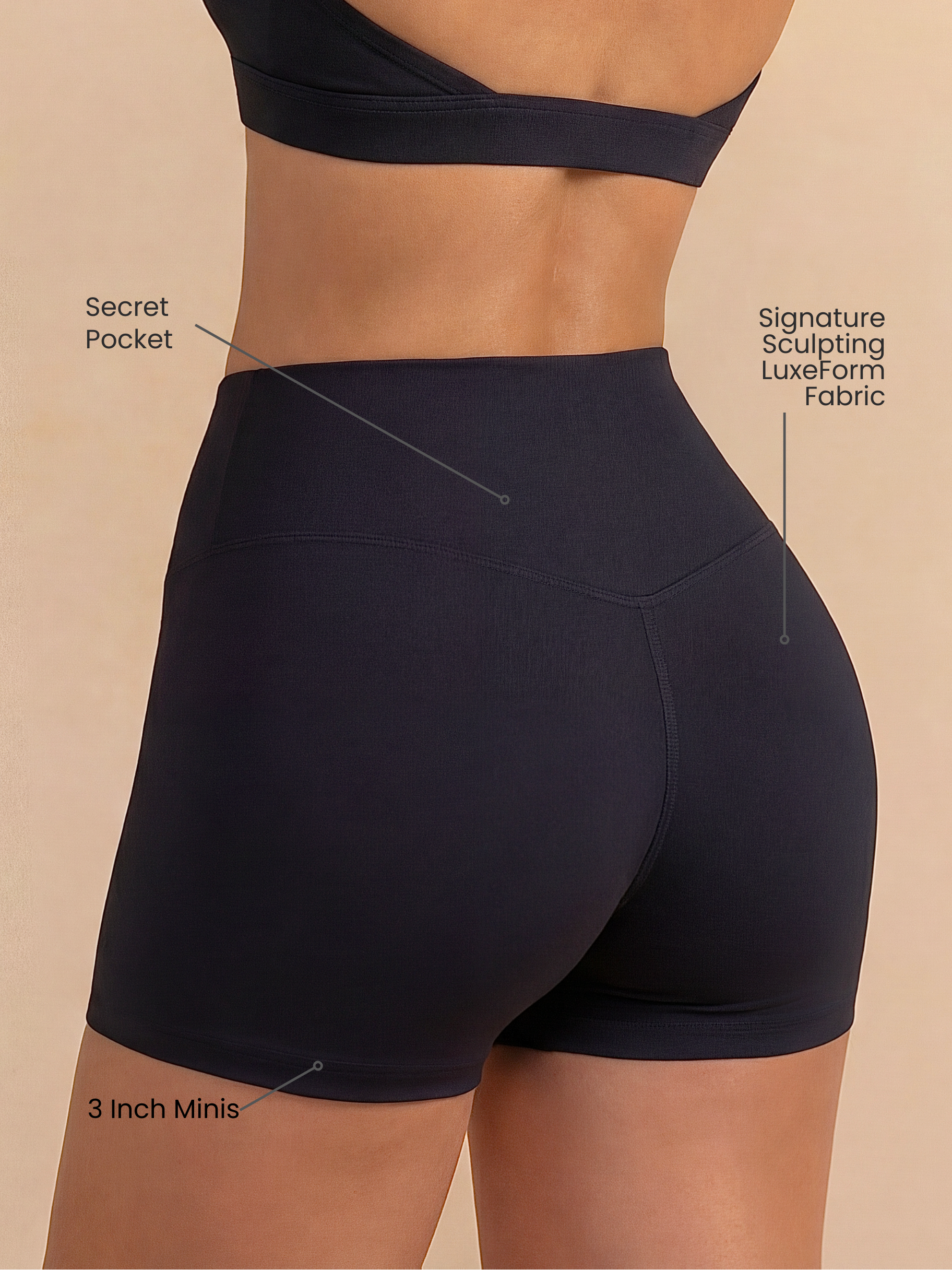 Women's Mini Sculpting Shorts 3 Inch - Black | Criss-Cross Waistband with Pocket
